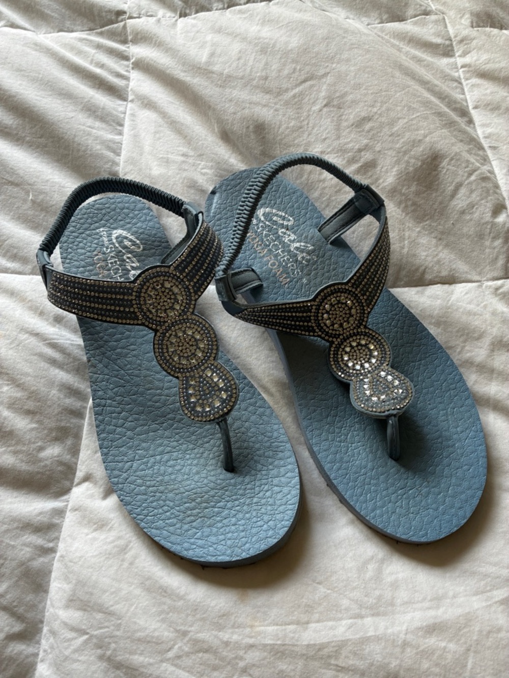 Skechers Blue Jeweled T-Strap Sandals for Women